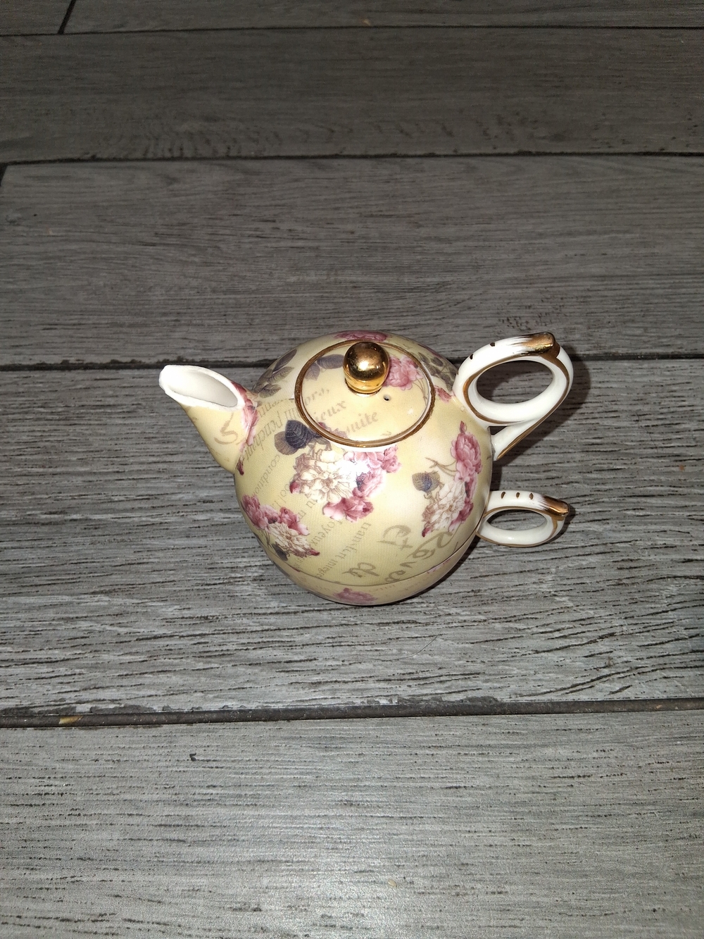 Porcelain Floral Teapot with Gold Trim - Cream and Pink